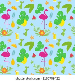 Summer tropical vector design for illustration or pattern with exotic, hibiscus flowers