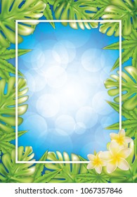 Summer tropical vector design with palm leaves and flowers