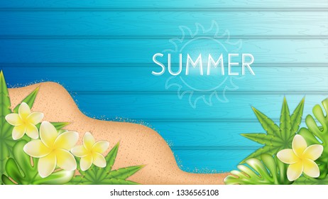 Summer tropical vector design with palm leaves and flowers on blue wooden background
