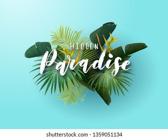 Summer tropical vector design for poster, banner or advertisment with exotic green palm leaves, flowers and handlettering on the bright background.