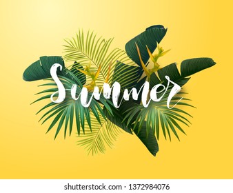 Summer tropical vector design for poster, banner or advertisment with exotic green palm leaves, flowers and handlettering on the bright background.