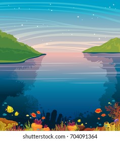 Summer tropical vector illustration. Sunset sky with stars, green islands and underwater sea life with coral reef and fishes.