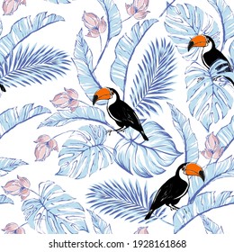 Summer tropical vector pattern with birds and palm leaves. Seamless botanical background.