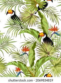 Summer tropical vector pattern with birds and palm leaves. Seamless botanical background. Tropic wallpaper.