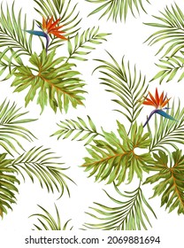 Summer tropical vector pattern with flowers and palm leaves. Seamless botanical background. Tropic wallpaper.