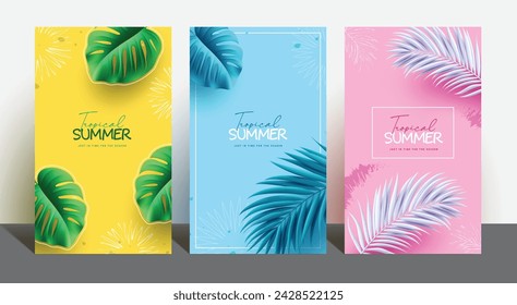 Summer tropical vector poster set. Summer tropical text with monstera and palm leaves elements for minimal seasonal template collection. Vector illustration summer flyers design.  
