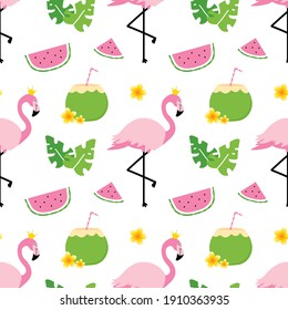 Summer tropical vector seamless pattern background with pink flamingo, watermelon, tropical leaves and flowers.