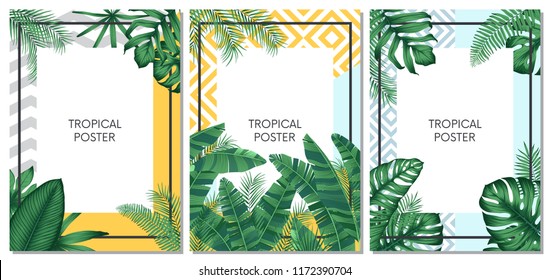 Summer Tropical Vector Set Design For Cards, Poster Or Flyer With Exotic Palm Leaves