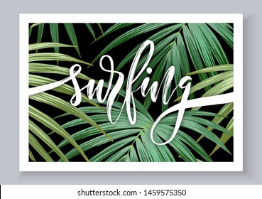 Summer tropical vector surf design for banner or flyer with green palm leaves on black background and lettering.