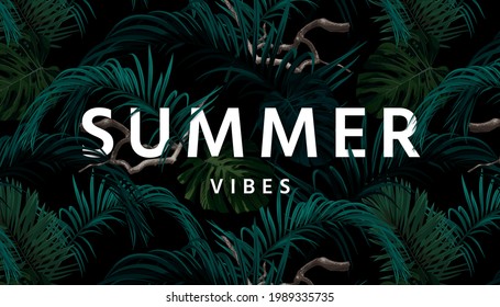 Summer tropical vector typography design with green exotic palm leaves on the dark background.