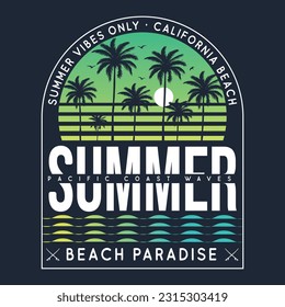 Summer Tropical vibes Only California beach paradise, text with a waves illustration, for t-shirt prints, posters. Summer Beach Vector illustration With Palms Tree.