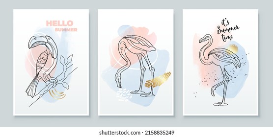 Fondo de verano de las artes tropicales. Las artes de la línea toscana y flamingo. Diseño de fondo acuarela para impresiones enmarcadas en la pared, impresiones de lona, afiche, decoración doméstica, camiseta, papel pintado