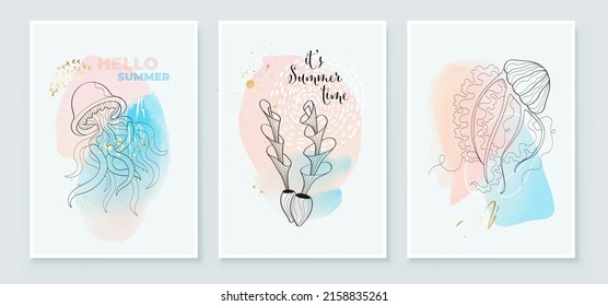 Summer tropical wall arts background. Algae leaf, shell, jellyfish and plant line arts, Watercolor background design for wall framed prints, canvas prints, poster, home decor, t shirt, wallpaper