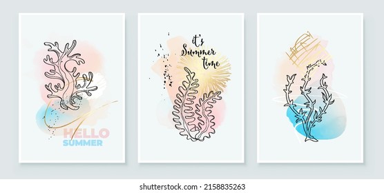 Fondo de verano de las artes tropicales. Hojas de algas, artes de la línea de plantas de algas submarinas, Diseño de fondo acuático para impresiones enmarcadas en la pared, impresiones de lona, afiche, decoración de la casa, camiseta, papel pintado