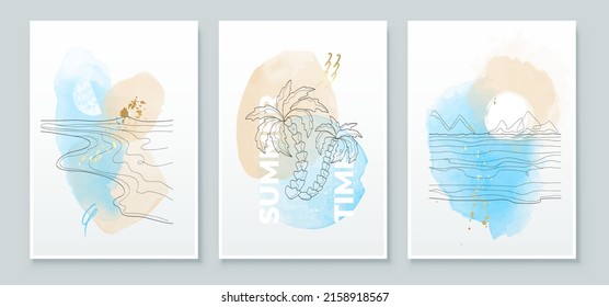 Summer tropical wall arts background. Palm tree, sunset, horizon, palms with hammock, line arts. Watercolor background design for wall framed prints, canvas prints, poster, home decor, t shirt