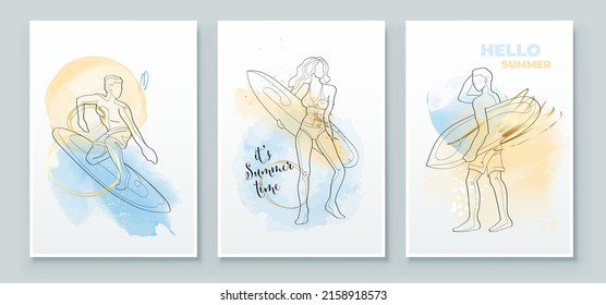 Summer tropical wall arts background. Surfing guy, woman or girl with surfboard, line arts. Watercolor background design for wall framed prints, canvas prints, poster, home decor, t shirt, wallpaper
