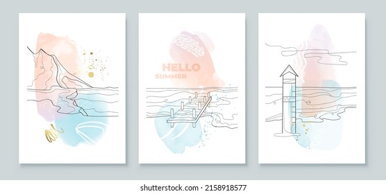 Summer tropical wall arts background. Mountains, surf, bridge, lifeguard tower line arts. Watercolor background design for wall framed prints, canvas prints, poster, home decor, t shirt, wallpaper