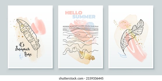 Summer tropical wall arts background. Banana palm leaf, sea horizon line arts. Watercolor background design for wall framed prints, canvas prints, poster, home decor, t shirt, wallpaper