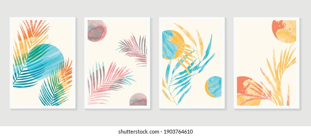 summer tropical wall arts vector. Palm leaves, monstera leaf, Botanical  background design for wall framed prints, canvas prints, poster, home decor, cover, wallpaper.