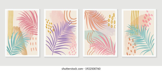 summer tropical wall arts vector. Palm leaves, coconut leaf, monstera leaf, line arts, Botanical  background design for wall framed prints, canvas prints, poster, home decor, cover, wallpaper.