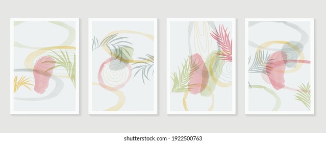 summer tropical wall arts vector. Palm leaves, coconut leaf, monstera leaf, line arts, Botanical  background design for wall framed prints, canvas prints, poster, home decor, cover, wallpaper.