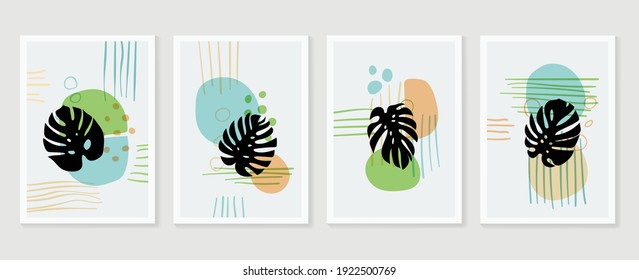 sommerliche tropische Wandkunst Vektorgrafik. Palmblätter, Kokosnuss-Blatt, Monsterablatt, Linienkunst, Botanischer Hintergrund-Design für Wandbilder, Stoffabdrücke, Poster, Innendekor, Decken, Tapeten.