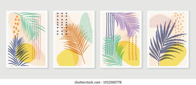 summer tropical wall arts vector. Palm leaves, coconut leaf, monstera leaf, line arts, Botanical  background design for wall framed prints, canvas prints, poster, home decor, cover, wallpaper.