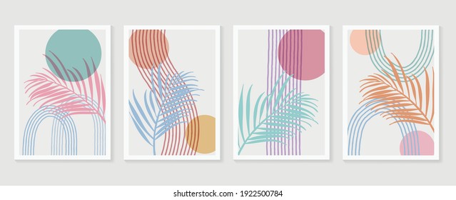 vector de arte de pared tropical de verano. Hojas de palma, hojas de coco, hojas de monstera, líneas de arte, diseño de fondo botánico para las impresiones enmarcadas en la pared, estampados de tela, afiche, decoración casera, cubierta, papel pintado.