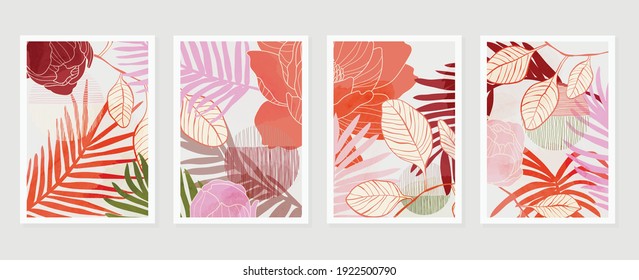 summer tropical wall arts vector. Palm leaves, coconut leaf, monstera leaf, line arts, Botanical  background design for wall framed prints, canvas prints, poster, home decor, cover, wallpaper.