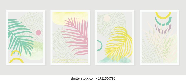 summer tropical wall arts vector. Palm leaves, coconut leaf, monstera leaf, line arts, Botanical  background design for wall framed prints, canvas prints, poster, home decor, cover, wallpaper.