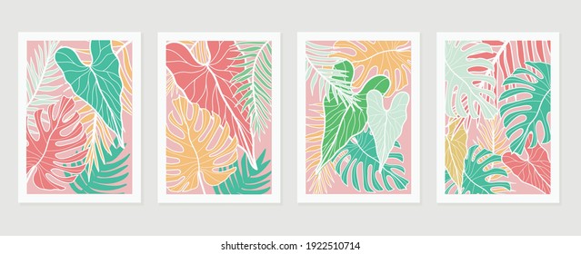 summer tropical wall arts vector. Palm leaves, coconut leaf, monstera leaf, line arts, Botanical  background design for wall framed prints, canvas prints, poster, home decor, cover, wallpaper