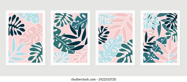 summer tropical wall arts vector. Palm leaves, coconut leaf, monstera leaf, line arts, Botanical  background design for wall framed prints, canvas prints, poster, home decor, cover, wallpaper