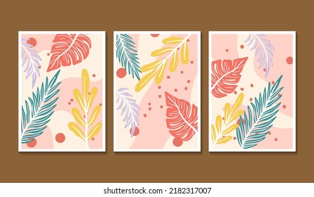 summer tropical wall arts vector. Palm leaves, coconut leaf, monstera leaf, line arts, Botanical background design for wall framed prints, canvas prints, poster, home decor, cover, wallpaper
