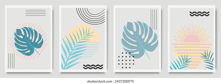 Summer tropical wall arts vector. Palm leaves, monstera leaf, Botanical background design for wall framed prints. Sea painting for wall decoration, interior, background, cover, banner