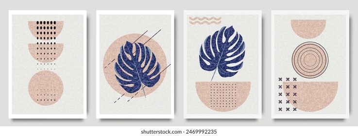 Summer tropical wall arts vector. Palm leaves, monstera leaf, Botanical background design for wall framed prints. Sea painting for wall decoration, interior, background, cover, banner