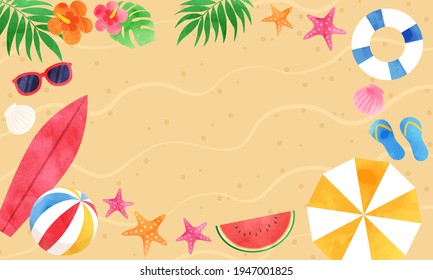 Summer tropical watercolor vector illustration frame background (landscape, copy space)