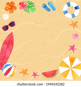 Summer tropical watercolor vector illustration frame background (landscape) copy space