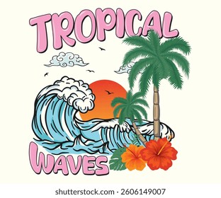 Summer Tropical waves , Summer text with a waves vector illustrations. Summer Beach Wave Vector illustration.