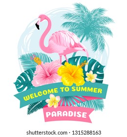 Summer tropical welcome label design with pink flamingo, exotic leaves and flowers. Cartoon Vector illustration. 