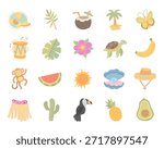 Summer tropics set in scandinavian style illustrated nature objects animals fruits plants inspired by island life ocean beaches perfect for your projects