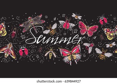 Summer t-shirt composition. Horizontal seamless pattern woman design. Embroidery and rhinestones fashion crystal patch with insects illustration. Isolated on black background.