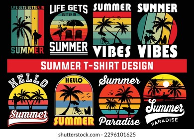 Summer t-shirt design bundle, summer beach vacation t-shirts, summer surfing t-shirt vector design