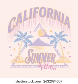 summer t-shirt design. California summer prints. typography text in vector. tropical palm tree with sunshine beach tee. vintage retro summer prints. girls t shirt design graphics