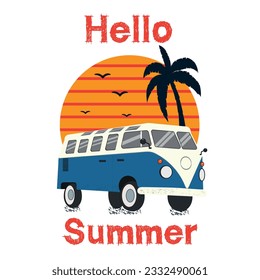 Summer t-shirt design with car and palm tree.