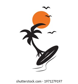 Summer t-shirt design with coconut tree, birds, moon and surfing board. For clothing and apparel design or your logo and brand identity. 