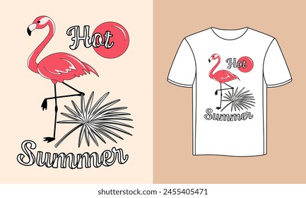 Summer t-shirt design with flamingo bird and palm leaf. Decorative print for t-shirt, insignia, emblem, flat vector illustration.