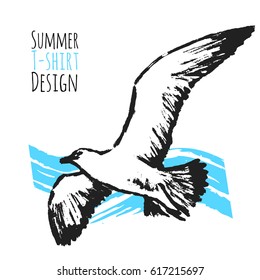 Summer T-shirt Design with Flying Seagull
