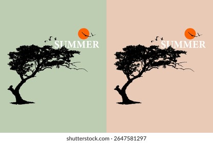 Summer tshirt design logo nature graphic creative minimal landscape design for merchandise cloth cap tshirt mug bag bottle printing retro style vintage minimalism tree birds sun sky
