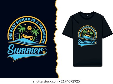 Summer t-shirt design and ocean beach original wear vector illustration. Typography T-shirt for a beach party with palm trees and retro color vacation vintage shirt template.