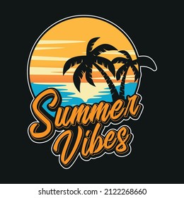 Summer t-shirt design with palm trees silhouette and phrase "Summer vibes". Can be used for dark and light shirts.